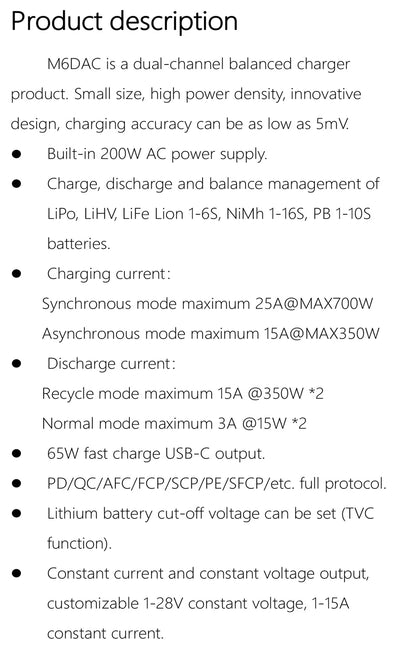 NEW ToolkitRC M6DAC Dual Channel Smart LiPo Battery Charger – 200W AC, 350W DC, 15A for 1-6S LiHV with 65W PD