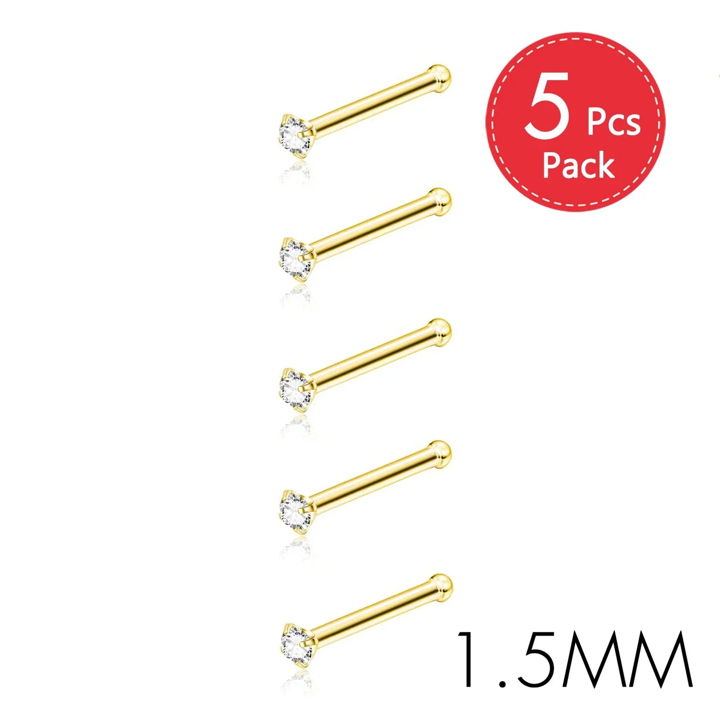 5PCS Stainless Steel Nose Ring Studs — Crystal Nostril Piercing Jewelry for Women & Girls, 1.5/2.0/2.5/3.0mm, 20G