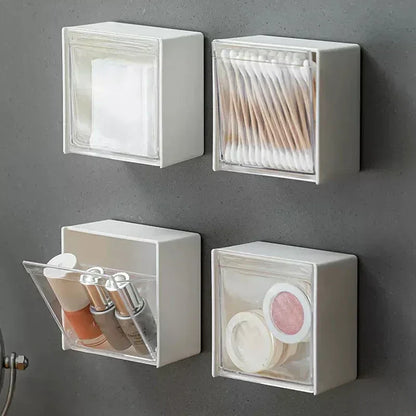 Wall-Mounted Plastic Storage Boxes - Dustproof Bathroom Organizer for Cotton Swabs, Makeup, Small Jewelry, Adhesive Holder Box