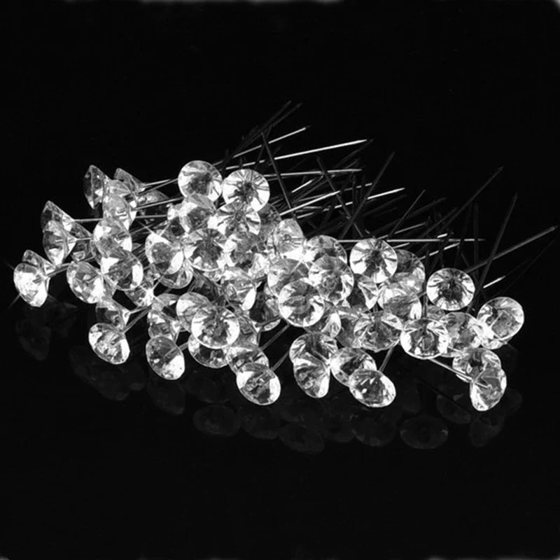 1Box 50Pcs Alloy Pins – Transparent Diamond Wedding Bouquet Pins & Stitching Needles, Plastic Box Sewing Accessories
