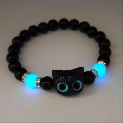 Couples Matching Luminous Cat Bracelets – Cute Black & White Cat Head Bead Friendship Bracelet for Men and Women