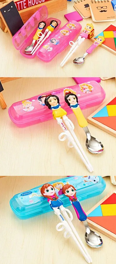 Disney Kids Tableware Set — Lightning McQueen, Mickey, Minnie, Stitch & Princess Elsa Training Chopsticks and Spoons