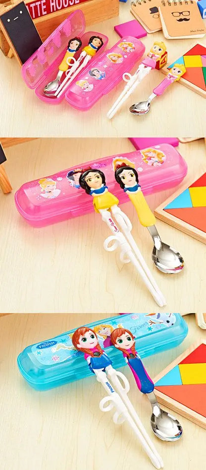 Disney Kids Tableware Set — Lightning McQueen, Mickey, Minnie, Stitch & Princess Elsa Training Chopsticks and Spoons
