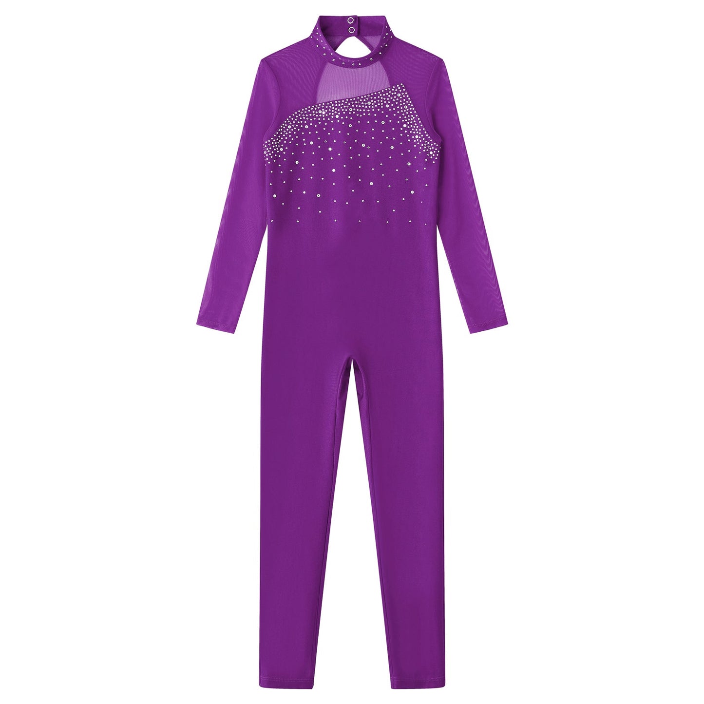 Kids Girls Long Sleeve Rhinestone Bodysuit — Full Body Dancewear Gymnastics Leotard Skating Jumpsuit