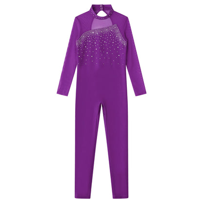 Kids Girls Long Sleeve Rhinestone Bodysuit — Full Body Dancewear Gymnastics Leotard Skating Jumpsuit