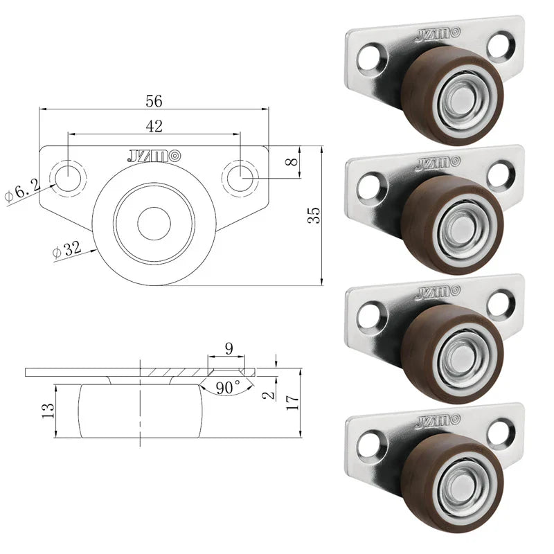 4Pcs Silent Rubber Casters | Low Profile Drawer Wheels for Furniture, Kitchen Cabinets, Tables, Side Installation Replacement