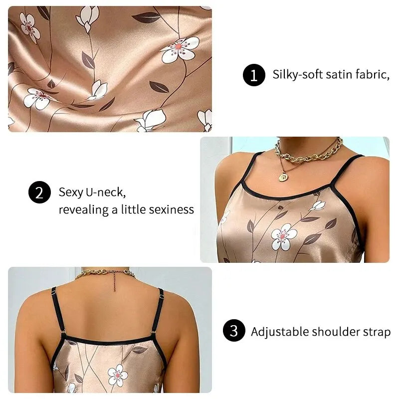 2026 Women’s Satin Sleepdress – Floral Print Spaghetti Strap Nightwear, Luxurious Comfortable Satin Nightdress