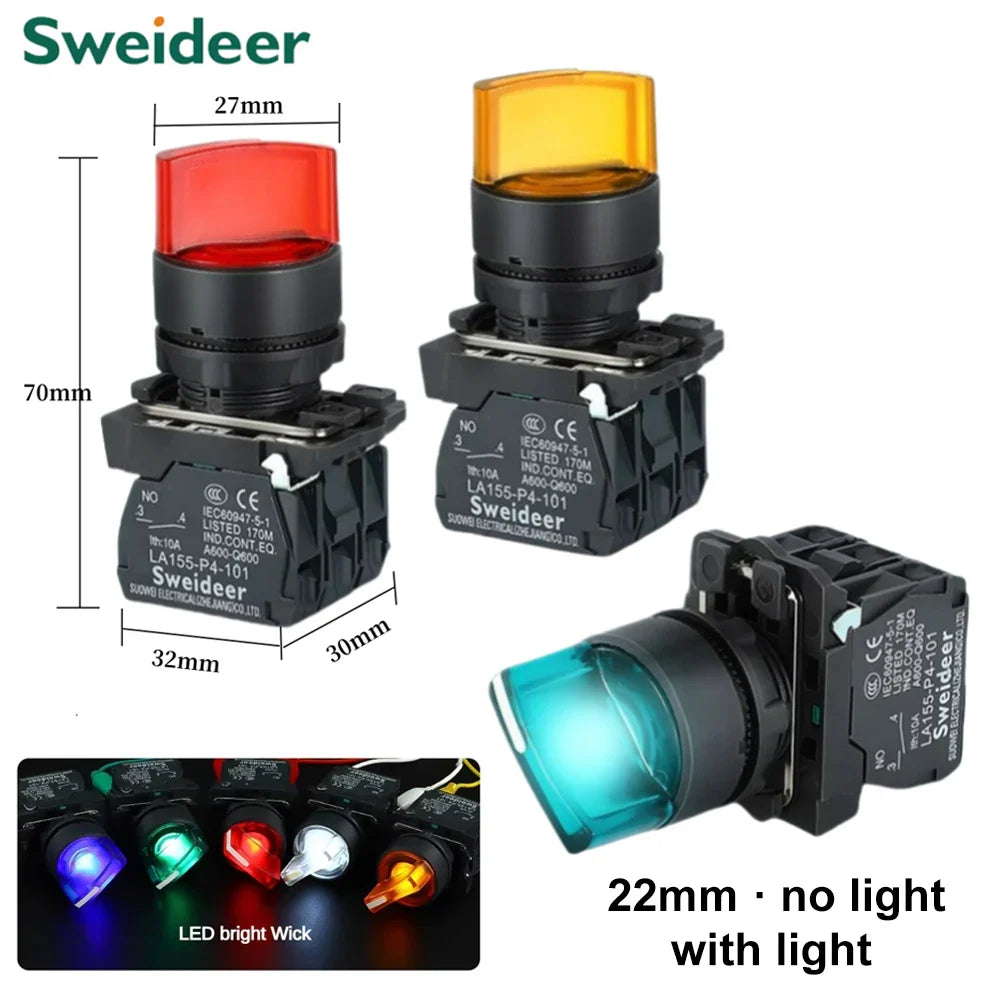 XB4 22mm LED Rotary Selector Switch – 1NO/2NO/1NO1NC Self-Locking 2/3 Position Control Knob 12V/24V/220V 10A Red Green Indicator