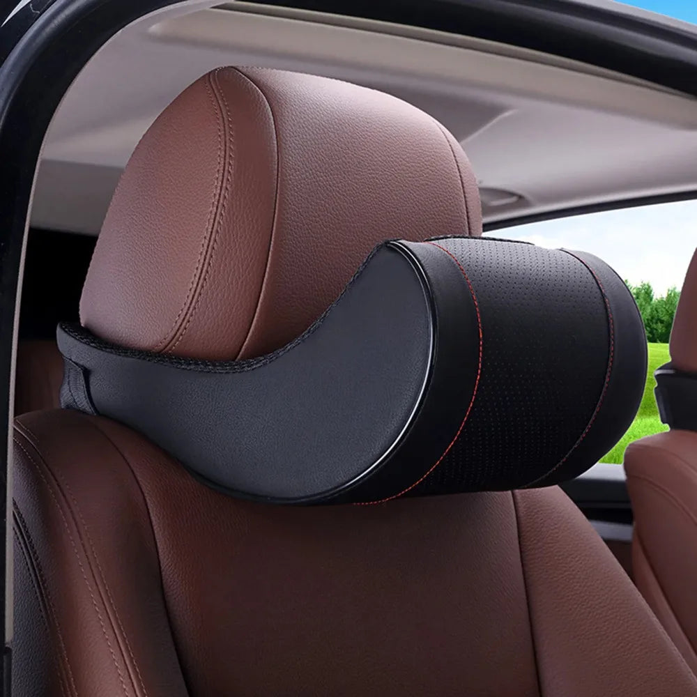 Memory Foam Car Neck Pillow — PU Leather Headrest Cushion for Comfortable Driving & Auto Interior Seat Support