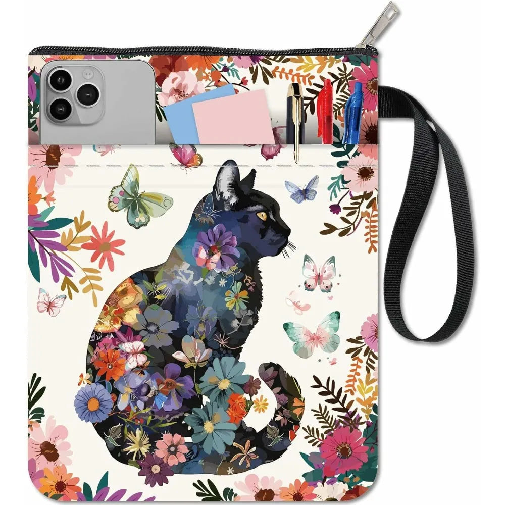 Floral Cat Book Sleeve with Zipper – Washable Book Cover Bag for Paperbacks, Notebooks & Journals