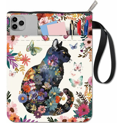 Floral Cat Book Sleeve with Zipper – Washable Book Cover Bag for Paperbacks, Notebooks & Journals
