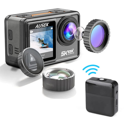 AUSEK S81TRW 5K Action Camera – 4K60FPS, 48MP, EIS, 5X Zoom, 1080P Webcam, Wi-Fi Vlog Sports Cam with Remote & Optional Filters