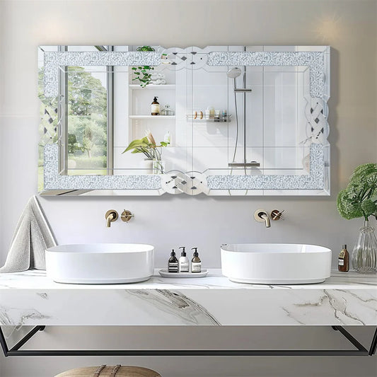 LUVODI Large Full-Body Wall Mirror — Artistic Silver Diamond Crush Bathroom Vanity Mirror
