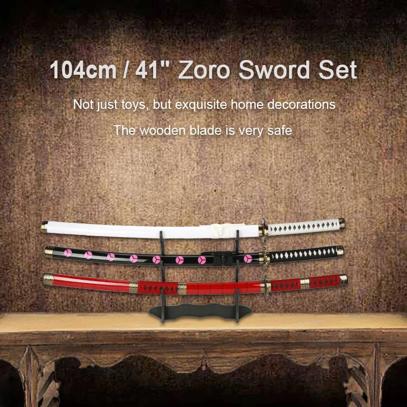 3-Piece Roronoa Zoro Katana Set – 104cm Handmade Anime Cosplay Swords (Shusui, Enma, Kitetsu) with Free Holder & Belt