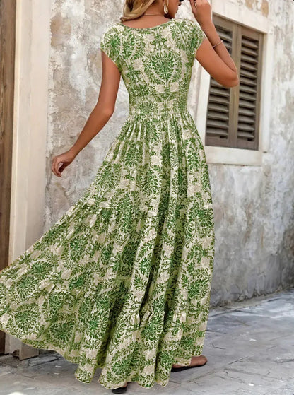 2025 Vintage Printed V-Neck Dress – Elegant Short-Sleeve Jumpsuit with Long Skirt for Women