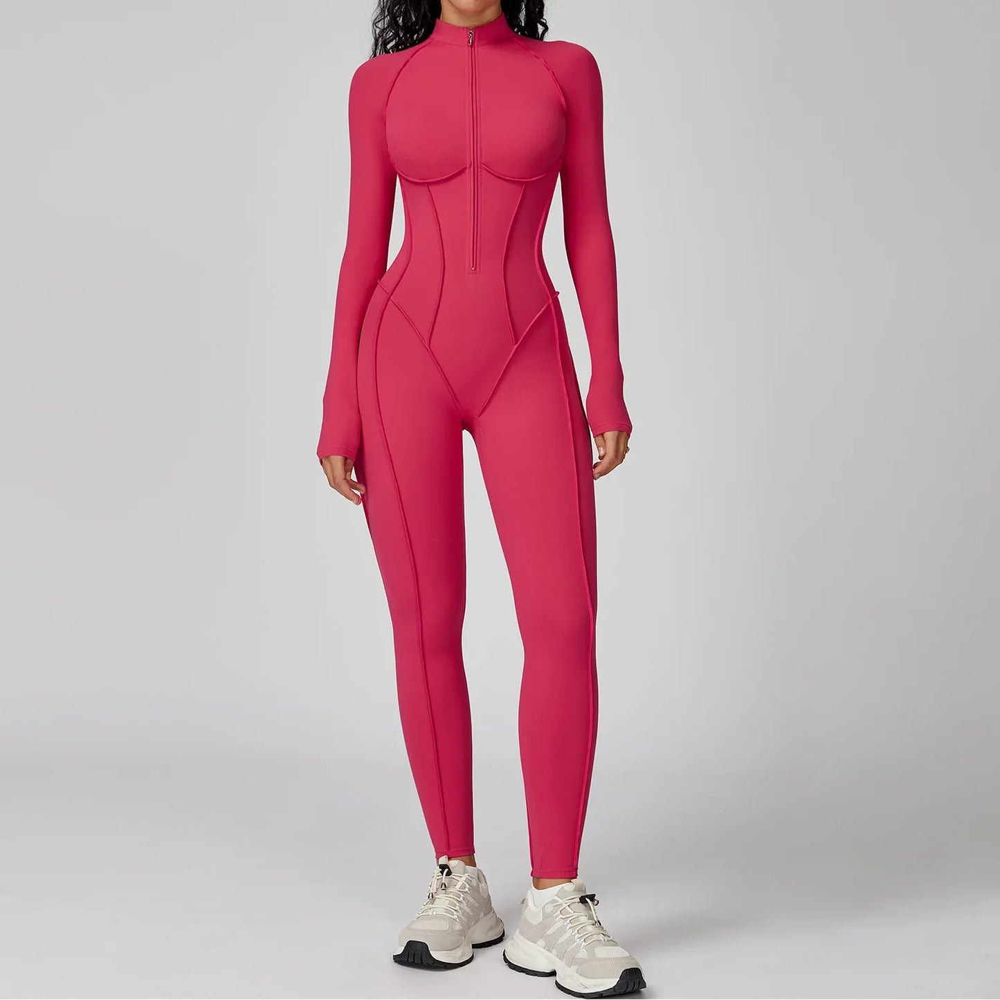 Women’s Long Sleeve Yoga Bodysuit Jumpsuit – Zip-Up Gym Tracksuit One-Piece Fitness Outfit for High-Intensity Workout & Training