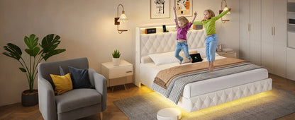 Floating Queen Size Bed Frame – Modern Upholstered Platform Bed with LED Lights, USB Charging Headboard & Velvet Fabric