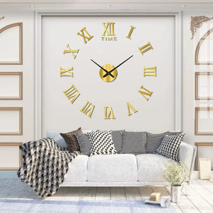 3D Acrylic Roman Numerals Digital Mirror Wall Clock – Large Round DIY Self-Adhesive Fashion Clock