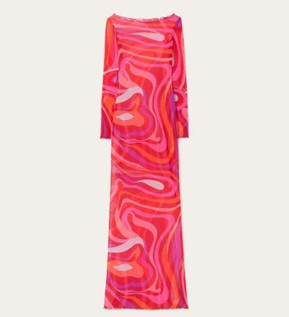 Women’s 2025 Summer Beach Dress – Long Spaghetti Strap O-Neck Dress with Print and Long Sleeves, Fashionable Summer Robe