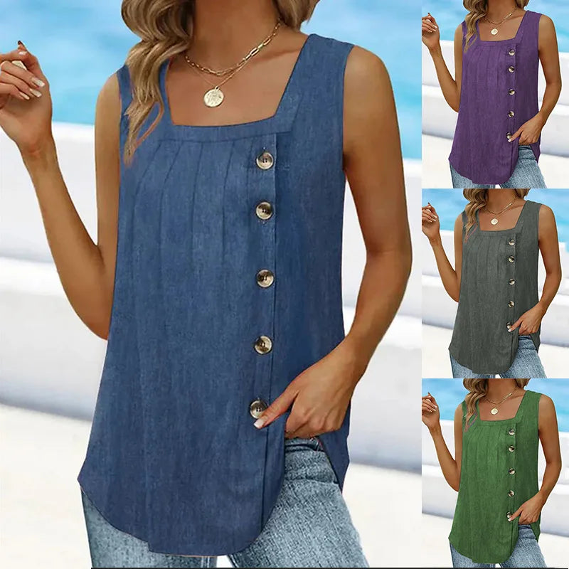 Summer Women’s Pleated Square Neck Tank Top – Sleeveless Swallowtail Button Blouse for Casual Wear