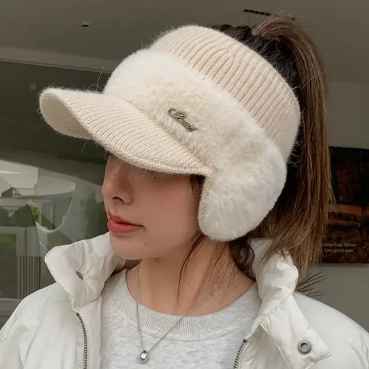 Winter Hats for Women 2023 – Fashionable Knitted Earflap Baseball Cap, Windproof Ponytail Visor for Outdoor Sports