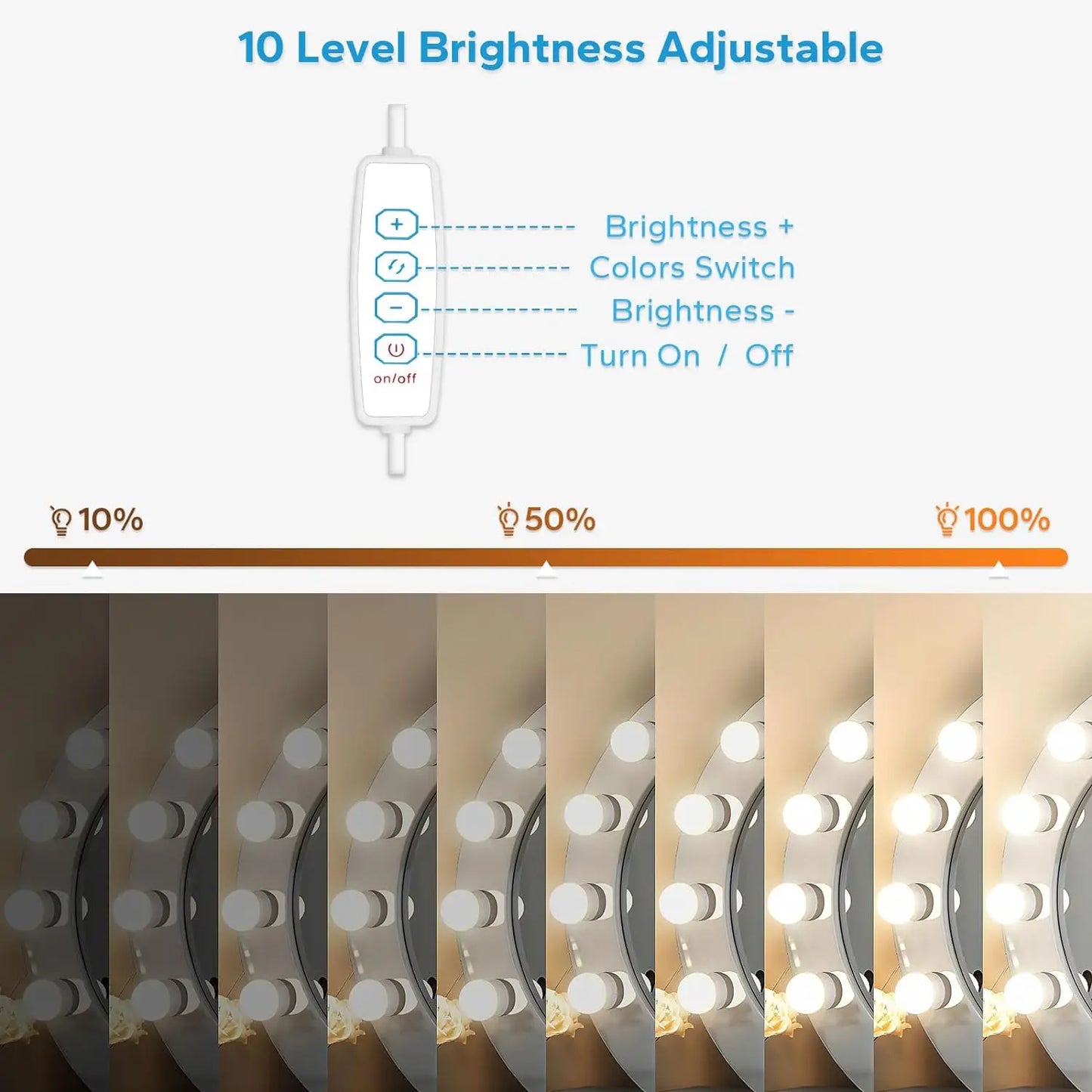 LED Vanity USB Mirror Light — 10 Dimmable Bulbs, 3000/4000/6500K with 10-Level Brightness for Makeup & Dressing Room