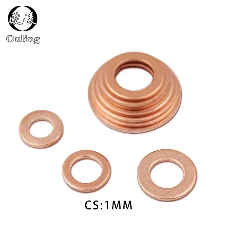 Copper Crush Washer Gasket Set (M6–M20) – Flat Seal Ring Marine Fitting, 1mm/1.5mm/2mm Thickness Durable Copper Washers