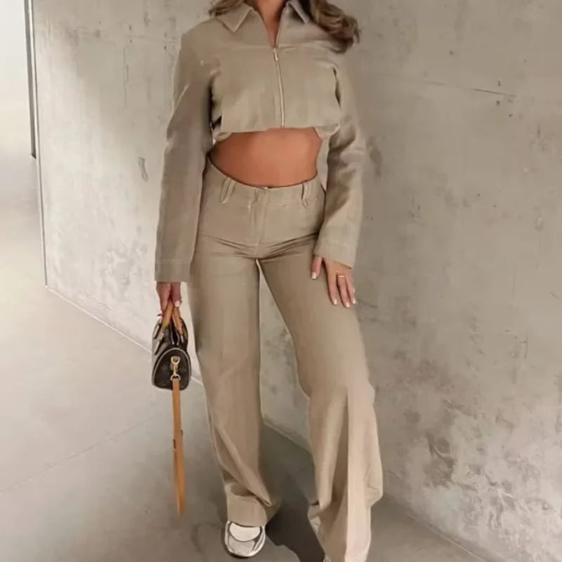 Women’s Cotton Linen Trousers Set — Casual Lapel Crop Top & Straight Pants Streetwear Spring Autumn Outfit