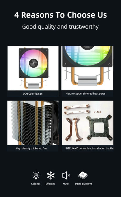 TEUCER CPU Cooler — 2-4 Heat Pipe Radiator with 3-Pin PWM Silent RGB Fan for Intel LGA 1700/1150/1155/1156/1366 & AMD AM2/AM3/AM4