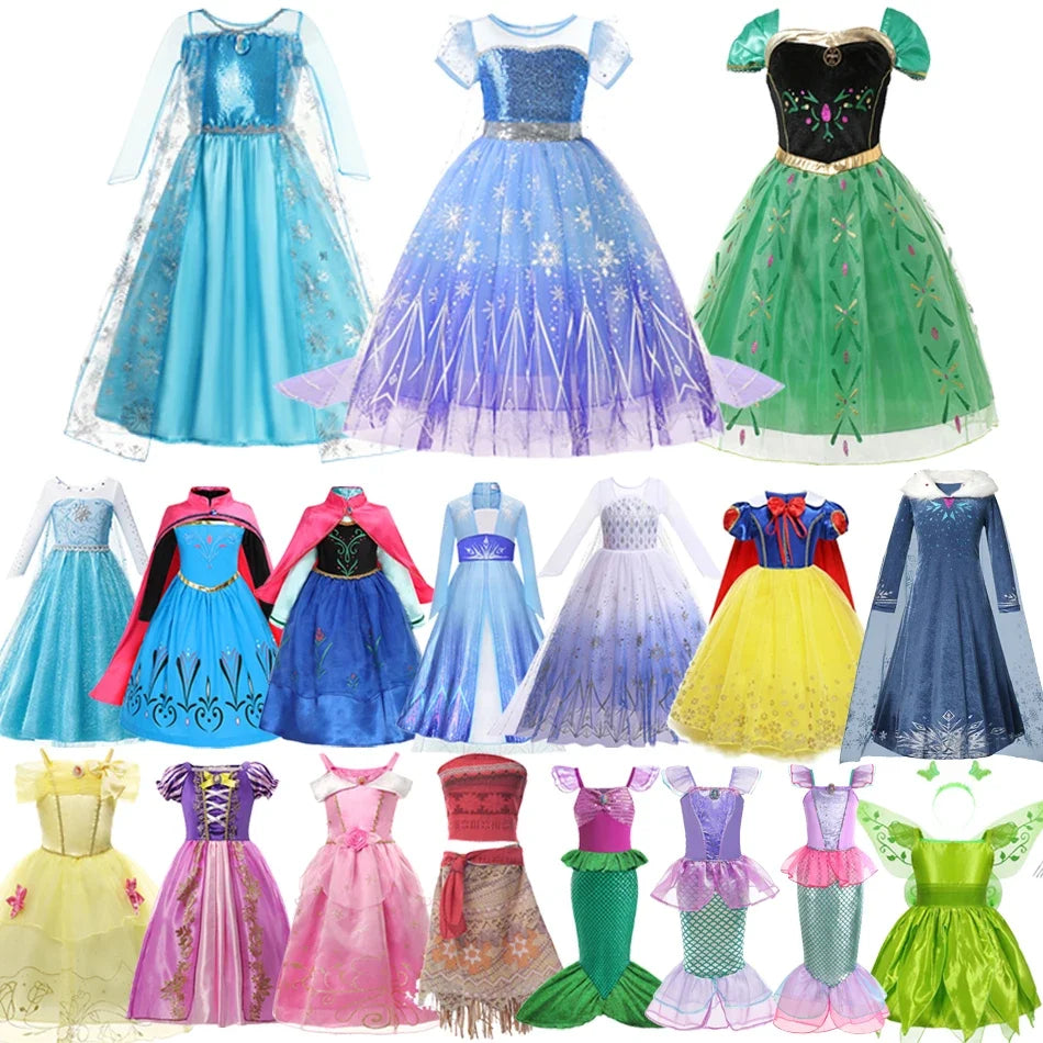 2026 Girls Princess Costume Dress - Elsa, Anna, Snow White, Aurora, Moana, Rapunzel, Mermaid & Belle Carnival Cosplay Party Outfit