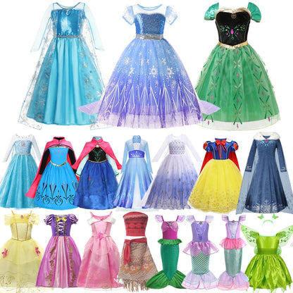 2026 Girls Princess Costume Dress - Elsa, Anna, Snow White, Aurora, Moana, Rapunzel, Mermaid & Belle Carnival Cosplay Party Outfit