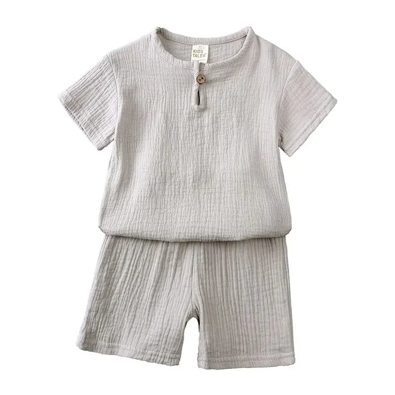 Cotton Linen Kids Summer Outfit – Solid Color Short Sleeve Tops & Shorts for Boys & Girls (Ages 2-7)