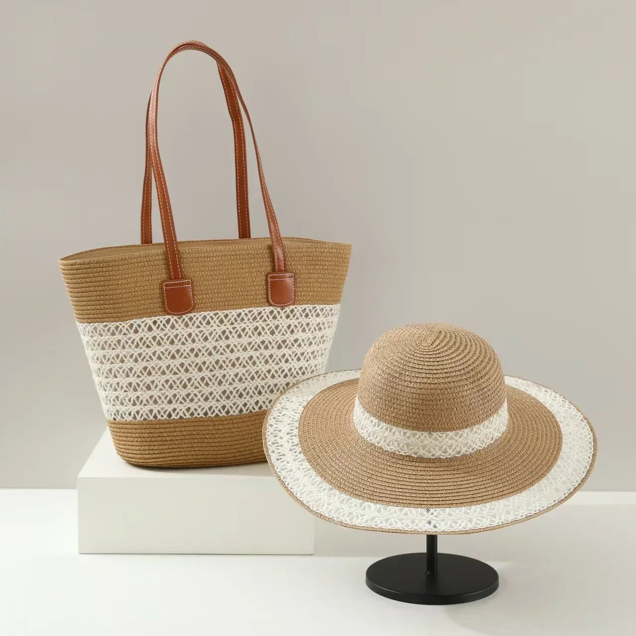 French Style Straw Handbag & Summer Beach Hat Set – Woven Bucket Bag with Fine Stripes