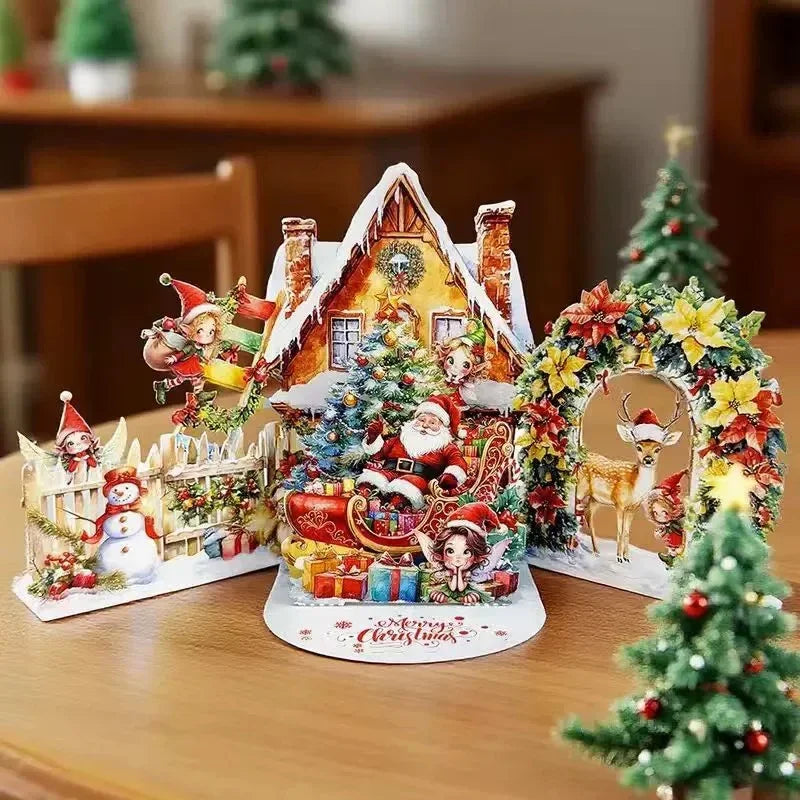 3D Christmas Card – Night Before Christmas Pop-Up Scene with Santa, Reindeer & Snowy Village