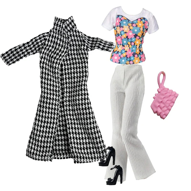 Elegant 1/6 Doll Outfit – Pink Houndstooth Dress, Hat, Gold Belt, Handbag & Shoes Set