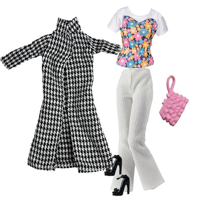 Elegant 1/6 Doll Outfit – Pink Houndstooth Dress, Hat, Gold Belt, Handbag & Shoes Set