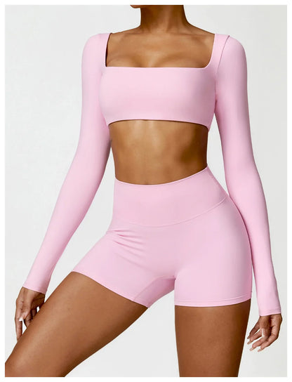 Hearuisavy 2PCS Long Sleeve Gym Set for Women, Quick-Drying Yoga Clothes, Sportswear, Running Leggings, Workout Sports Crop Top