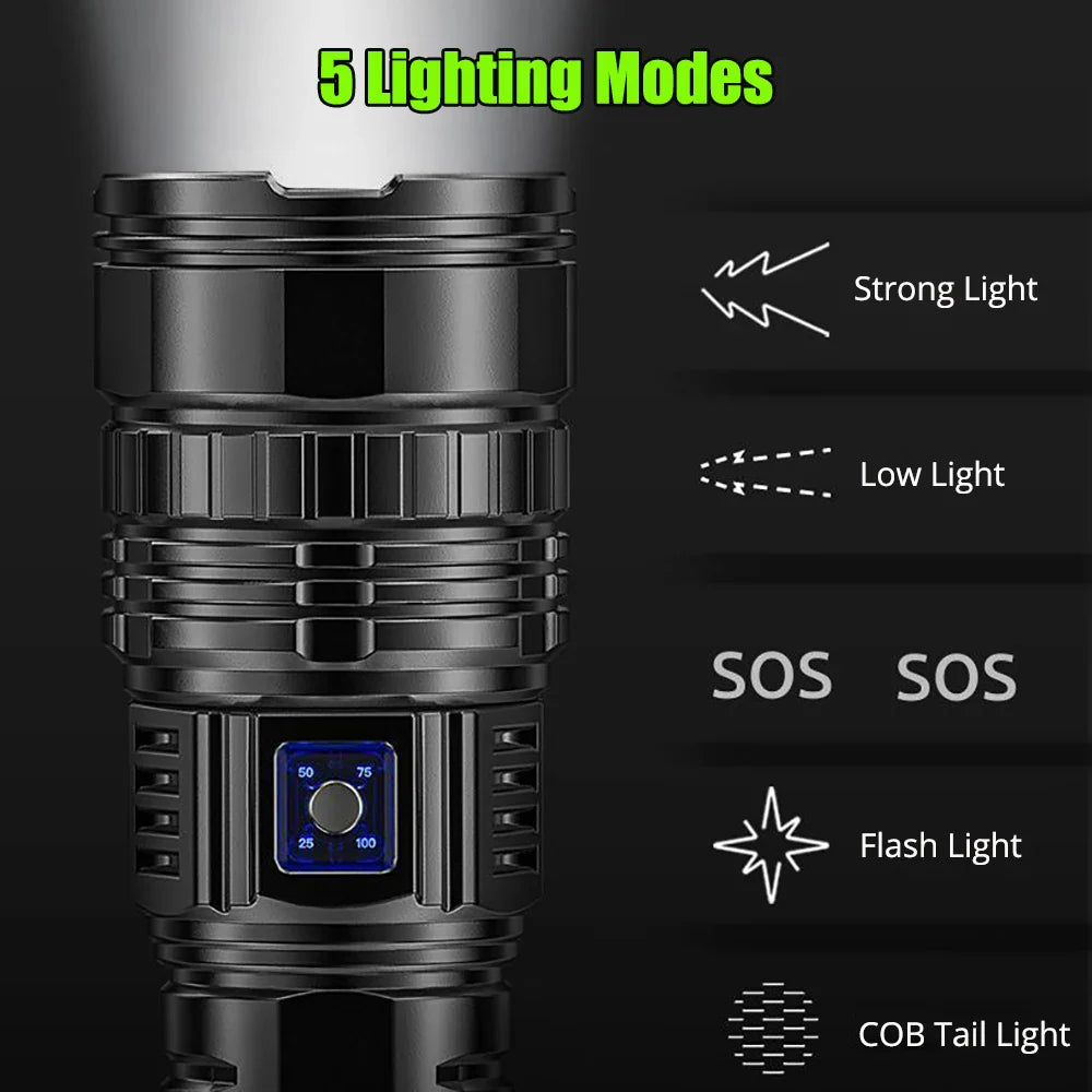 1000W Tactical LED Flashlight – Built-in 15000mAh Battery Emergency Spotlight, 9km Beam, 990,000,000LM Super Bright Torch