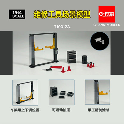 G Fans-Models 1/64 Repair Tool Set – Model Garage Lift & RWB Tools Scene Kit 710011 710012