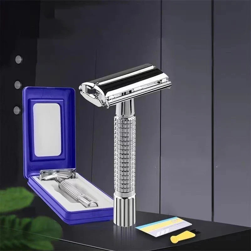 Men’s Shaving Razor with Blade – Silver Folding Stainless Steel Straight Razor for Facial Hair, Barber Shaving Tool with Holder