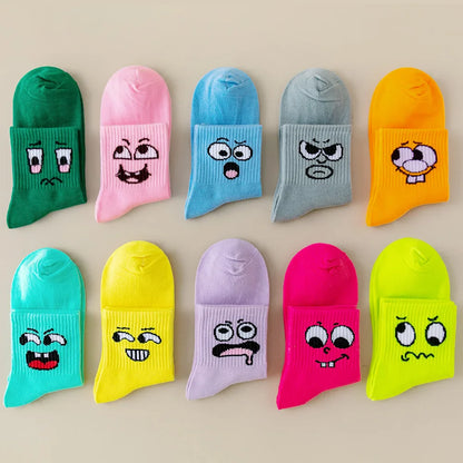 5/10 Pack Women’s Cartoon Mid-Tube Socks – Trendy Solid Color Sports & Leisure Socks for Spring and Summer