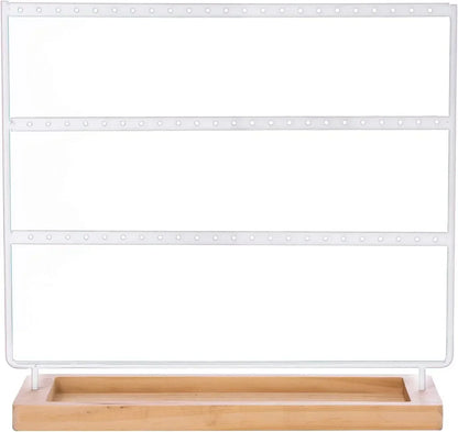 3 Tier Earring Holder Stand - 69 Holes Jewelry Organizer with Wooden Storage Tray, Desktop Bracelet Display