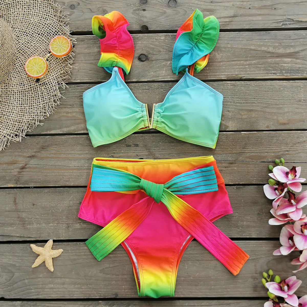Sporlike V-Neck Ruffled Bikini Set – High Waist Sexy Printed Two-Piece Swimsuit for Women 2025