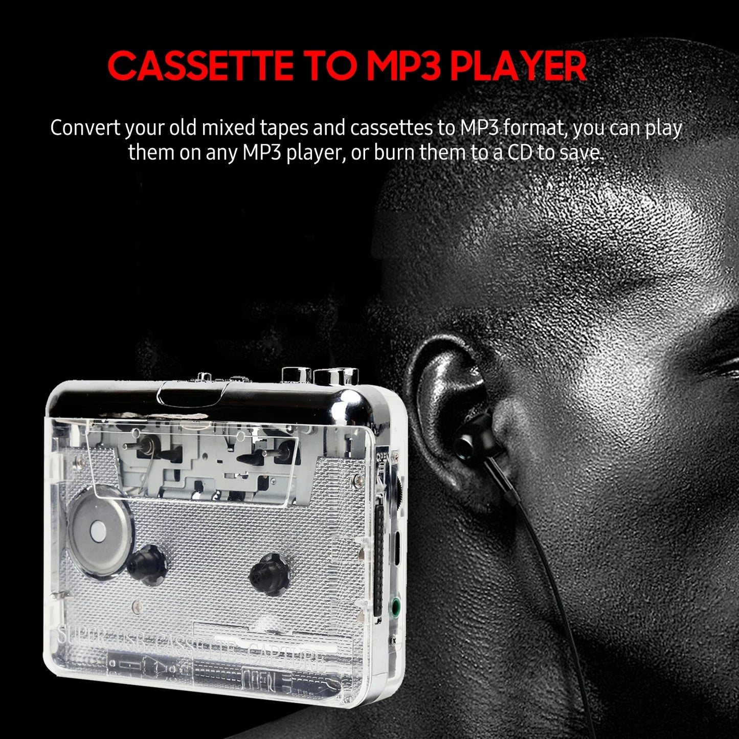 TON010 Portable Cassette Player – Transparent Tape Recorder with USB Cassette-to-MP3 Converter & Music Playback