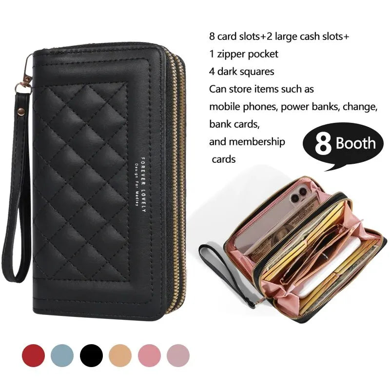 Long Women’s PU Leather Wallet – Double Zipper Clutch with Tassel, Card Holder & Coin Purse