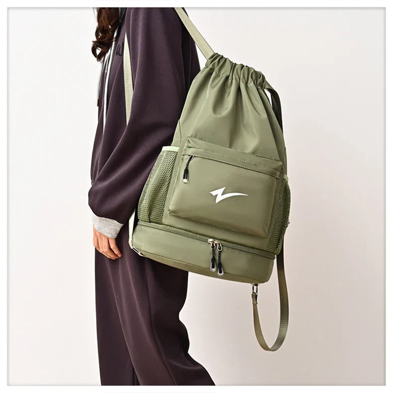 Drawstring Fitness Bag — Lightweight Multi-Pocket Gym Backpack with Separate Shoe Compartment, Foldable Outdoor Training Bag
