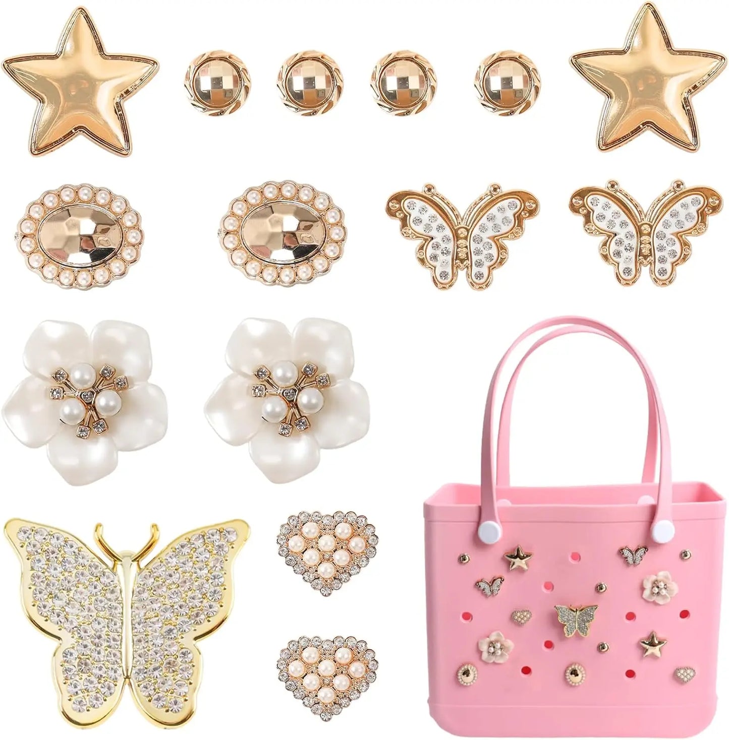 20PCS Beach Bag Charms Set – Pearl, Butterfly & Flower Decorative Accessories for Bo Bag, Stylish Compatible Clip-On Bag Charms