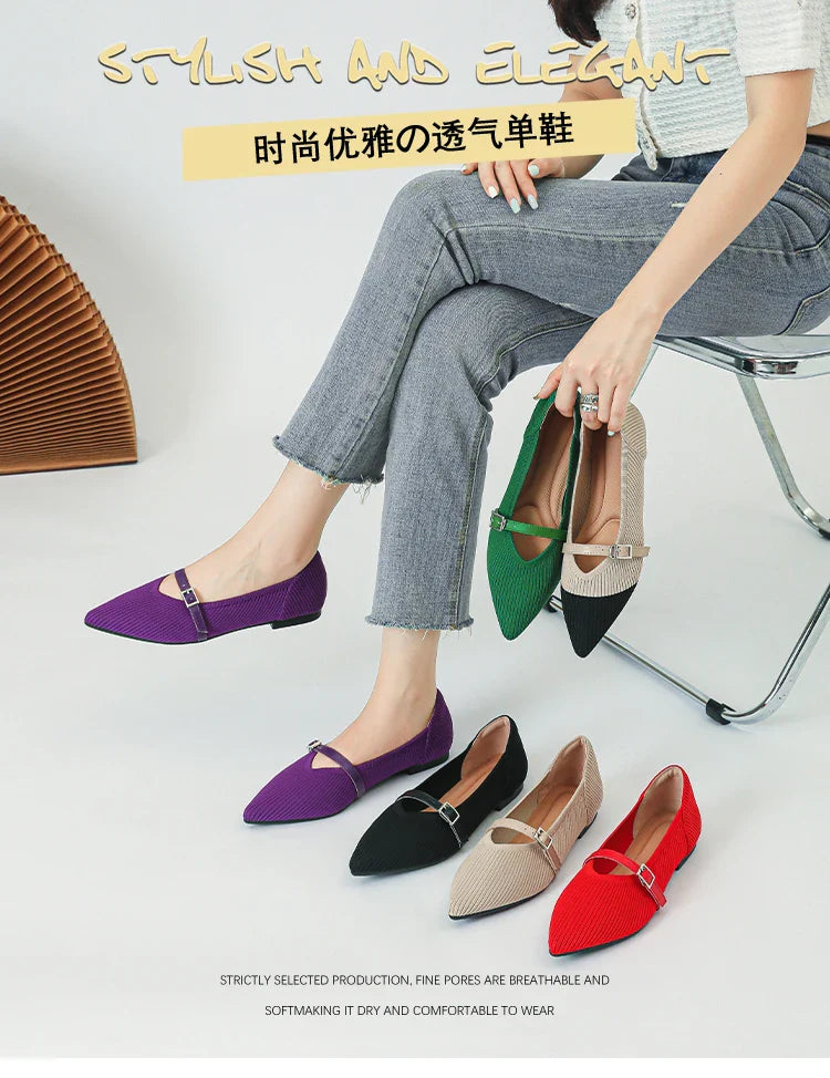 2024 Women's Flat Shoes – Pointed Toe Soft Knitted Sole, Breathable & Comfortable Spring and Autumn New Model