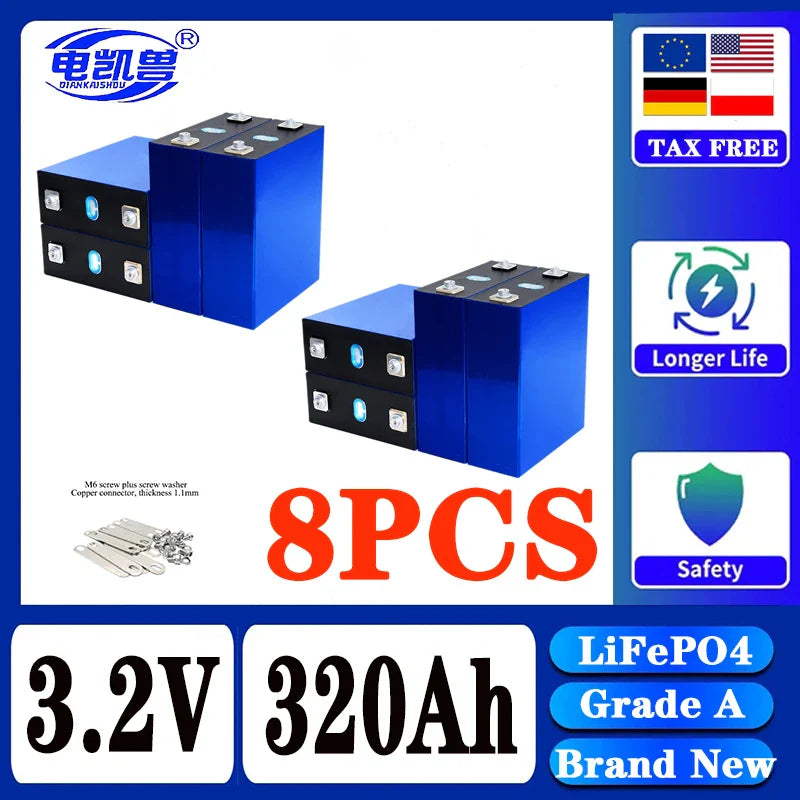 320Ah LiFePO4 3.2V Rechargeable Battery — 8000 Cycles for DIY 12V/24V/48V Caravan, Marine & Solar Energy Systems