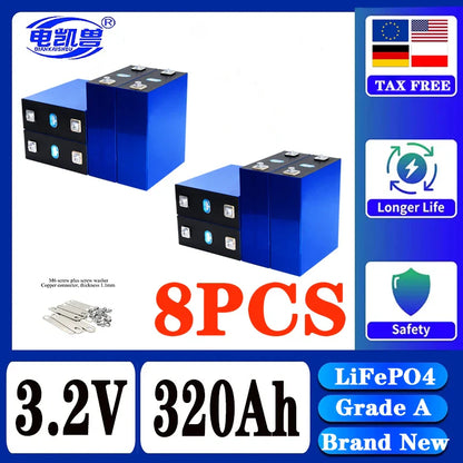 320Ah LiFePO4 3.2V Rechargeable Battery — 8000 Cycles for DIY 12V/24V/48V Caravan, Marine & Solar Energy Systems